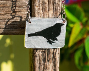 Black Crow Silhouette Necklace: Antiqued Silver Tone Pendant