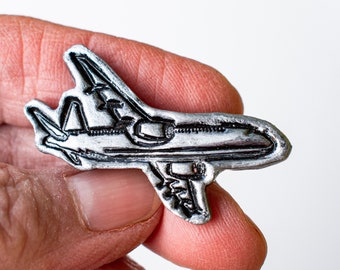 Pin Brooch Small Jet Airplane Travel Flight Silver Blue Color Clay Lapel Hat Scarf Sweater Lapel Hand Painted Vintage Plane Travel the World