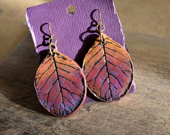 Leaf Earrings Large Dangle Earrings Smoke Bush Real Leaf Impression Clay Hombre Sunset Orange Magenta Purple Hypoallergenic Gold Plated Wire