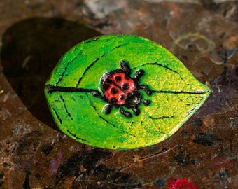 Leaf Pin Real Salal Leaf Impression with Lady Bug Stamp in Clay in Green, Red, Gold Colors Small Brooch Scarf Hat Pin