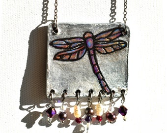 Necklace Dragonfly Relief Clay Silver Gold Purple Freshwater Pearls Garnet Crystal Glass Beads Steel Chain Statement Pendant Art Nouveau