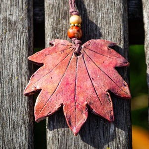 Ornament: Vine Maple Leaf Impression in Clay, Orange Magenta Gold Color, Brown Bamboo Cord, Wood  Pewter Beads, Natural Christmas Decoration