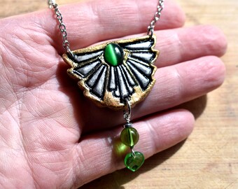 Necklace Art Deco Style Design in silver and gold with green glass bead in clay