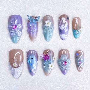 Purple butterfly press-on nails with 3D flowers, Butterfly False Nails, Handmade Nails, Luxury Nail Art Set