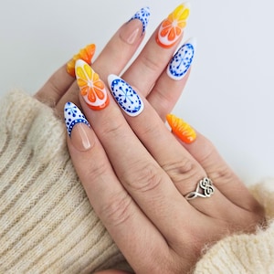Handmade 3D citrus press-on nails, Blue Floral & Citrus Design, Almond nails, Mediterranean nails, Resuable nails, Summer nails, Fruit Nails
