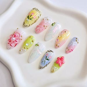 Cottagecore Press-On Nails: 3D Flowers, Pastel Fairy Garden, Long Almond