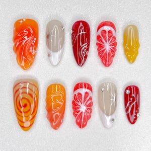 Citrus Swirl Press-On Nails with 3D Citrus Designs, Handmade Luxury Nails, Long Almond False Nails, Orange Red Summer Fruit Nail Set