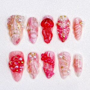 Jelly Darling Press-On Nails with 3D Jellyfish Details, Handmade Luxury Nails, Long Almond False Nails, Pink Ocean Nail Set