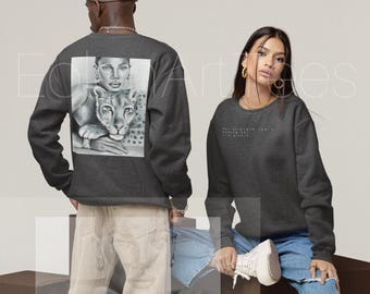 Woman & Leopard Graphic Sweatshirt: Hand-Drawn Art Pullover