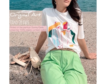 Abstract Face Art T-Shirt: Organic Cotton Minimalist Line Art Tee
