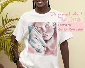 Girl with Lion Graphic Tee: Hand-Drawn Art, Comfort Colors Cotton