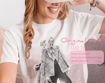 Hand-Drawn Fashion Illustration Tee: Oversized Bella Canvas Cotton