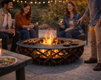 große Feuerschale mit Grillplatte für Terrasse und Garten, Feuerkorb aus Cortenstahl mit Edelrost, Feuerstelle, Lagerfeuer, Feuertonne Grill