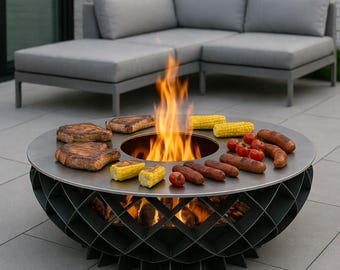 Feuerschale mit Grillplatte für Terrasse und Garten, Feuerkorb aus Cortenstahl mit Edelrost, Feuerstelle, Gartenfeuer, Lagerfeuer Feuertonne