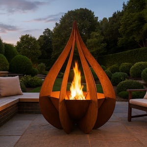 Könnte beinhalten: Ein großer Außenkamin mit einem einzigartigen, tropfenförmigen Design. Der Kamin besteht aus verwittertem Metall und hat eine helle Flamme im Inneren. Der Hintergrund zeigt eine Terrasse, Sitzgelegenheiten und üppiges Grün.
