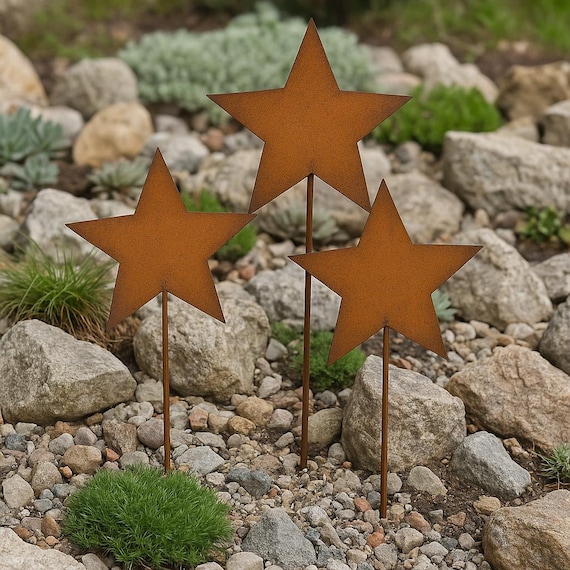 Gartenstecker 3er Set Sterne aus Metall Edelrost, Gartendeko Rost, rostige Beetstecker, Dekoration Weihnachten,