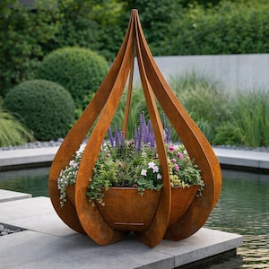 Könnte beinhalten: Ein großer, tropfenförmiger Pflanzkübel für den Außenbereich aus verwittertem, rostfarbenem Metall. Der Pflanzkübel ist mit einer Vielzahl bunter Blumen und Grünpflanzen gefüllt. Der Pflanzkübel steht in der Nähe eines Gewässers, mit üppigem grünen Laub im Hintergrund.