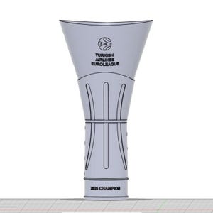 May include: A silver-colored trophy with a wide top and a narrow base. The text "TURKISH AIRLINES EUROLEAGUE" is printed on the front. The base of the trophy reads "2025 CHAMPION".