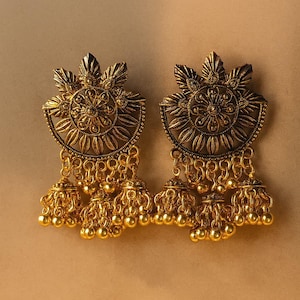 Antique Gold-Plated Jhumka Earrings | Traditional Indian Dangle Earrings | Ethnic Temple Jewelry for Women