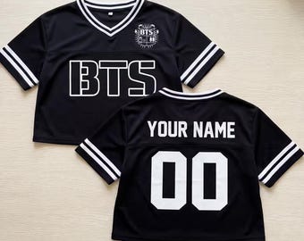 Custom BTS Jersey Crop Top, Personalized Kpop Concert Outfit, Black Sports Shirt