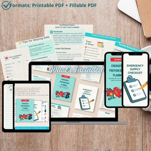 Peut inclure: Planificateur numérique de préparation aux situations d'urgence avec listes de contrôle, contacts familiaux et plans d'évacuation. Comprend les formats US Letter (21,6 x 27,9 cm) et A4, PDF imprimable et PDF remplissable.