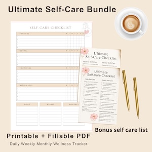Può includere: Un pacchetto di cura di sé con un elenco di controllo stampabile e un PDF compilabile. Il pacchetto include un tracker del benessere giornaliero, settimanale e mensile, oltre a elenchi di cura di sé bonus. Sono visibili anche penne dorate e una tazza di caffè.