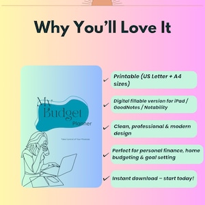 Peut inclure: Un planificateur budgétaire numérique avec un design bleu et turquoise, avec le texte "My Budget Planner". L'image comprend un dessin au trait d'une personne travaillant sur un ordinateur portable, avec des puces mettant en évidence les fonctionnalités.