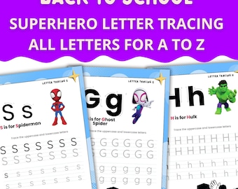 Werkbladen voor het overtrekken van superheldenbrieven | Alfabetovertrekactiviteit voor kinderen | Afdrukbare handschriftoefeningen voor peuters