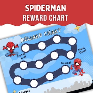 May include: A Spiderman-themed reward chart with a blue background and a winding path of white circles. The chart includes the text "REWARD CHART", "You can do it!", "You did it!", and "Almost there!" along with Spiderman illustrations.