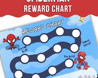 Könnte beinhalten: Eine Spiderman-Belohnungstafel mit blauem Hintergrund und einem gewundenen Pfad aus weißen Kreisen. Die Tafel enthält den Text "REWARD CHART", "You can do it!", "You did it!" und "Almost there!" zusammen mit Spiderman-Illustrationen.
