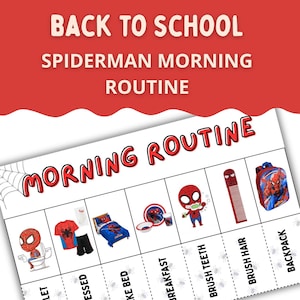 Peut inclure: Un tableau de routine matinale sur le thème de Spiderman avec le texte "BACK TO SCHOOL SPIDERMAN MORNING ROUTINE". Le tableau comprend des illustrations de toilettes, de vêtements, d'un lit, du petit-déjeuner, du brossage des dents, des cheveux et d'un sac à dos.