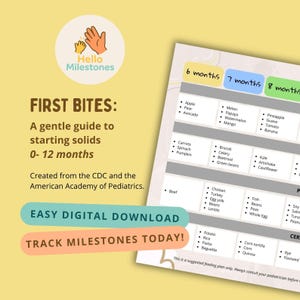May include: A digital guide titled "First Bites" with a suggested feeding plan for babies aged 0-12 months. The guide lists foods for 6, 7, and 8-month-olds, including fruits, vegetables, and proteins. The image also includes the text "Easy Digital Download."