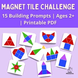 May include: A purple banner with the text "MAGNET TILE CHALLENGE" and "15 Building Prompts | Ages 2+ | Printable PDF". Below are white tiles with colorful geometric shapes, including triangles, squares, and stars. The tiles are designed for building and educational play.