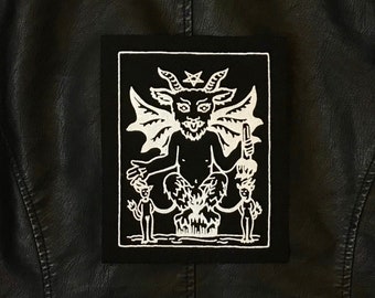 Large Devil Tarot Card Patch, Silver on Black, Sew On Fabric, Back, Gothic