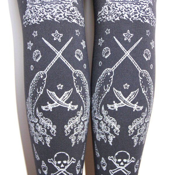 Pirate Octopus Tattoo Tights Silver on Slate Grey Dark Slate Gray Small Medium