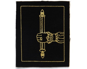 Tarot Card Patch, Ace of Wands, Gold on Black, Sew On Fabric Badge, Gothic