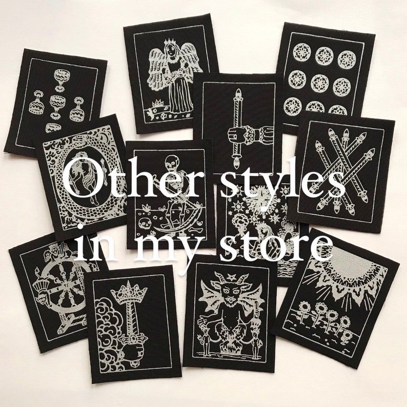 Nine of Coins, Pentacles, Tarot Card Patch, Silver on Black, Sew On Fabric Badge, Gothic image 4