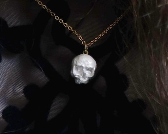 Pearl Lustre Skull Pendant Necklace — Handmade Ceramic on Gold Plated Chain — Gothic Jewellery
