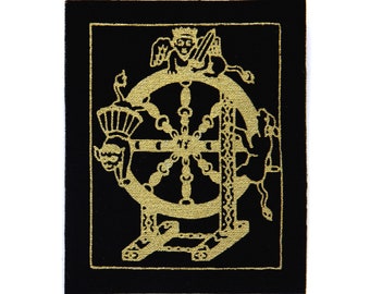 Tarot Card Patch, Wheel of Fortune, Gold on Black, Sew On Fabric Badge, Gothic