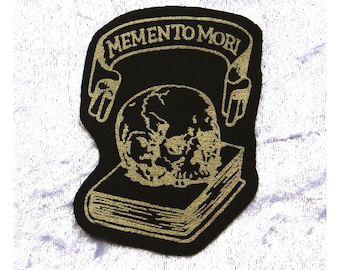 Memento Mori Applique, Printed Patch, Gold Skull, Sew On Fabric Badge