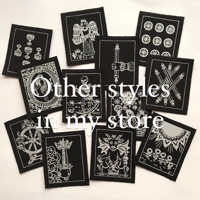 Five of Wands Tarot Card Patch, Silver on Black, Sew On Fabric Badge, Gothic image 3