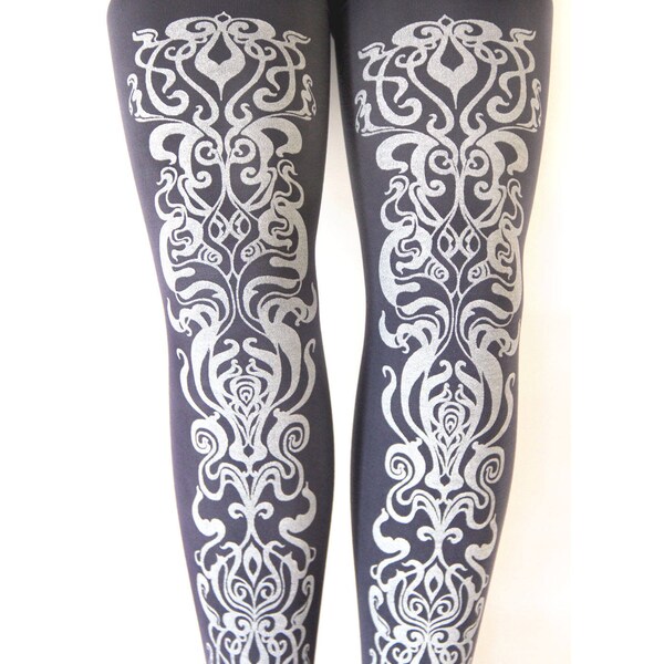 Silver Art Nouveau Print Tights on Slate Grey Deep Gray Small Large Extra Large and Plus Size