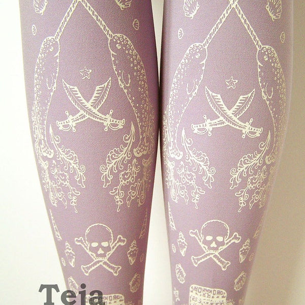 Pirate Printed Tights Pastel Narwhals Small Medium White on Lavender Lilac Purple