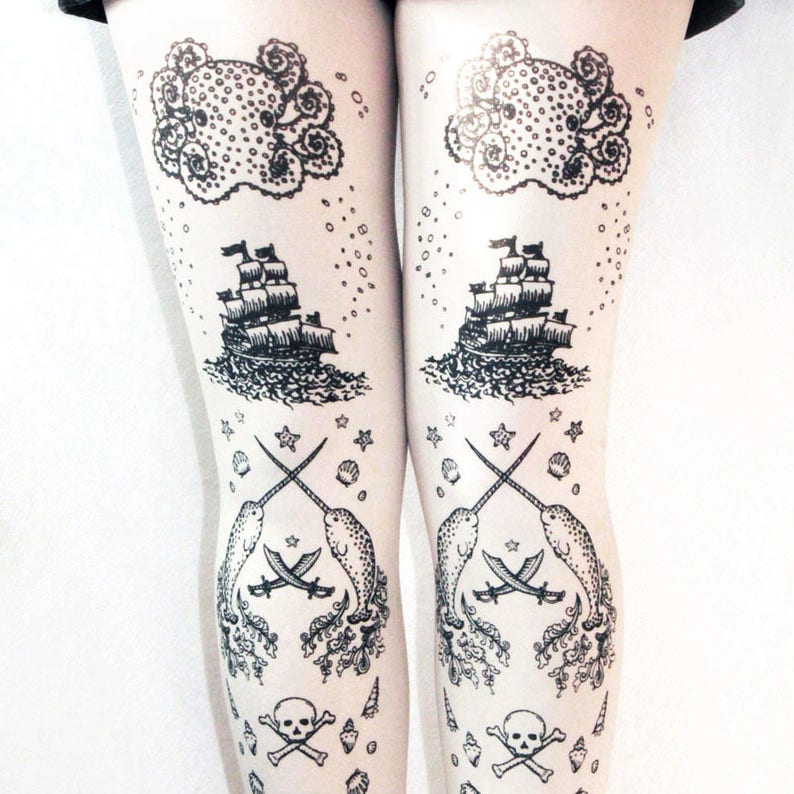 Black on White Sailor Lolita Small to Plus Size Nautical Pattern Pirate Costume Women/'s Tattoo Printed Tights