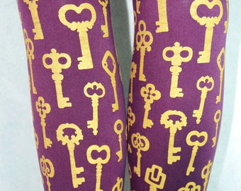 Printed Tights Antique Keys Gold on Aubergine Purple Small Medium Steampunk Victorian Women Skeleton Key