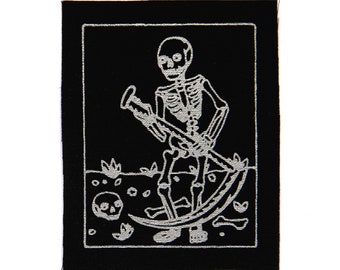 Death Tarot Card Patch, Silver on Black, Sew On Fabric Badge, Gothic