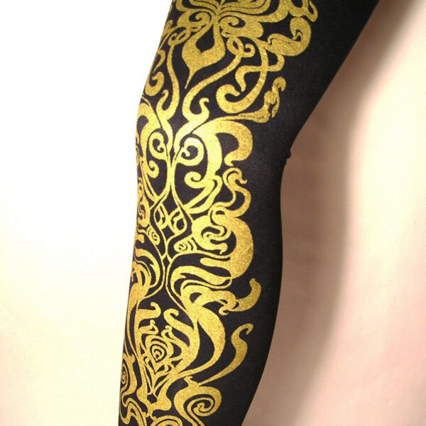 Art Nouveau Printed Tights Small Medium Gold on Black Women Print Metallic Statement Tights