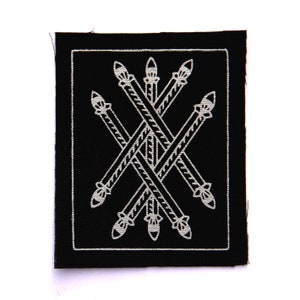 Five of Wands Tarot Card Patch, Silver on Black, Sew On Fabric Badge, Gothic image 1
