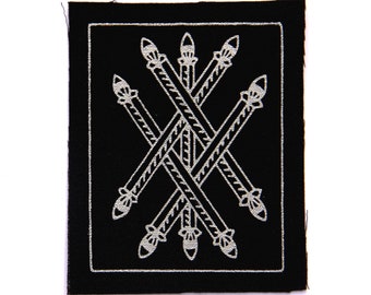 Five of Wands Tarot Card Patch, Silver on Black, Sew On Fabric Badge, Gothic