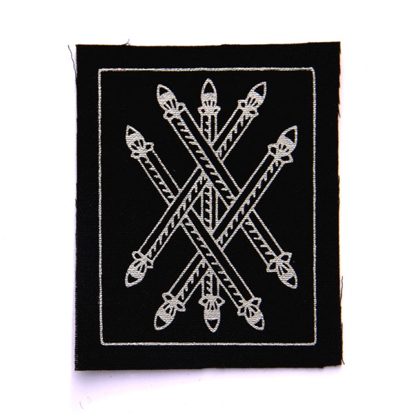 Five of Wands Tarot Card Patch, Silver on Black, Sew On Fabric Badge, Gothic